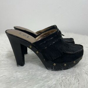 VTG Y2K 90s L.E.I  Anetteco Mules Platform Clogs Heels Black Fringe Studded Sz 9